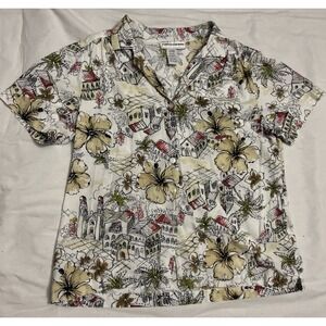 Cathy Daniels Women's M Floral V Neck Knit Top White Red Blk Stretch Poly Blend